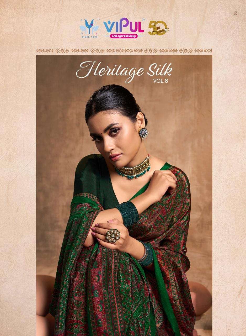 heritage silk vol 8 by vipul fashion crape silk printed sarees wholesaler