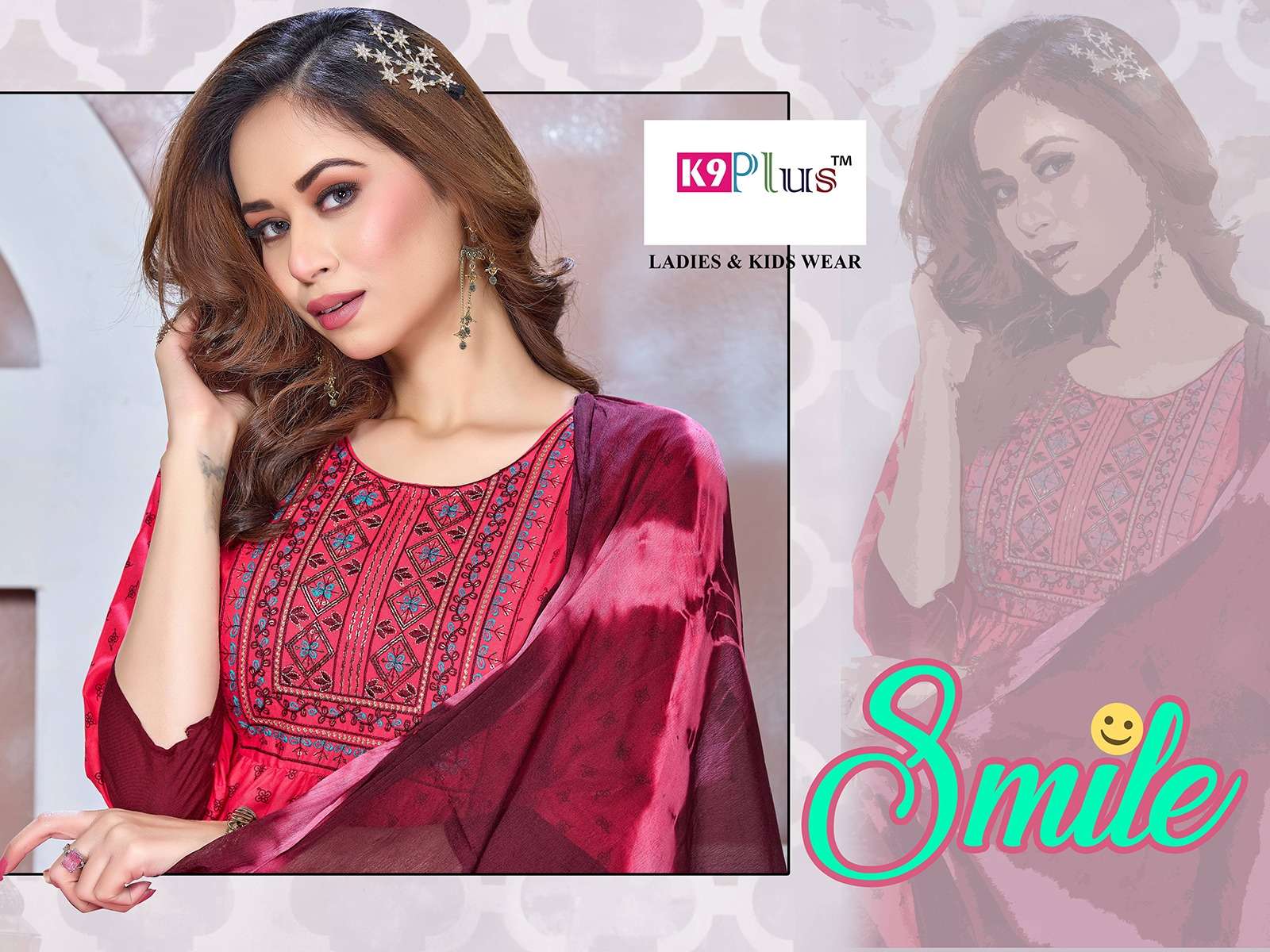 k9 plus present smile fancy rayon a line kurti with pant and dupatta catalog