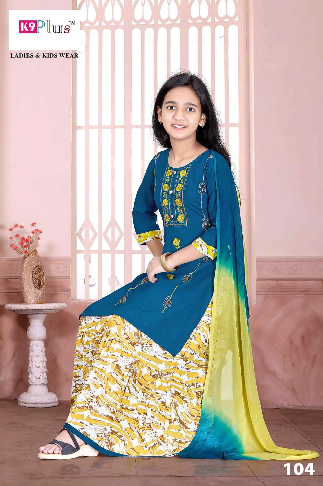 k9 plus present sureelee kids wear readymade rayon kurti with skirt and dupatta catalog