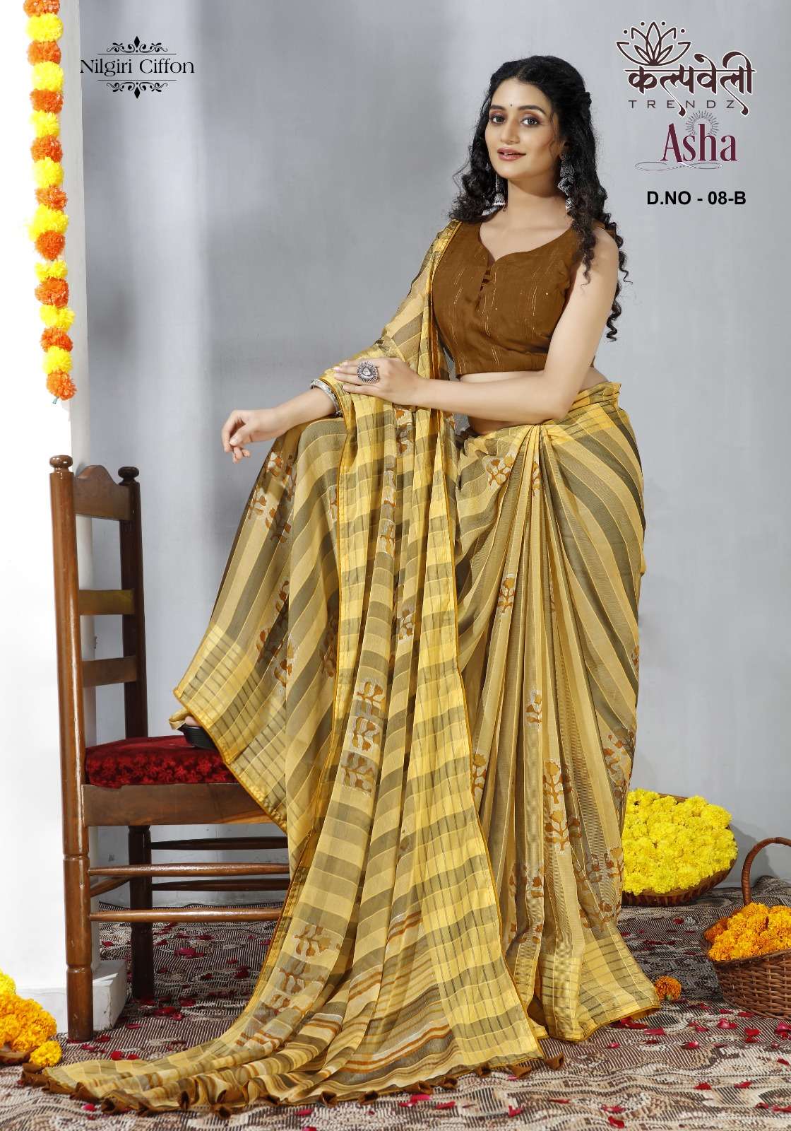 kalpavelly trendz asha 8 fancy nilgiri chiffon saree with sequence blouse collection