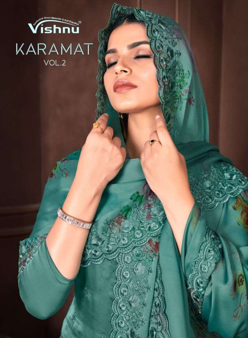 karamat vol 2 by vishnu impex designer swaroski work salwar kameez material with floral digital dupatta