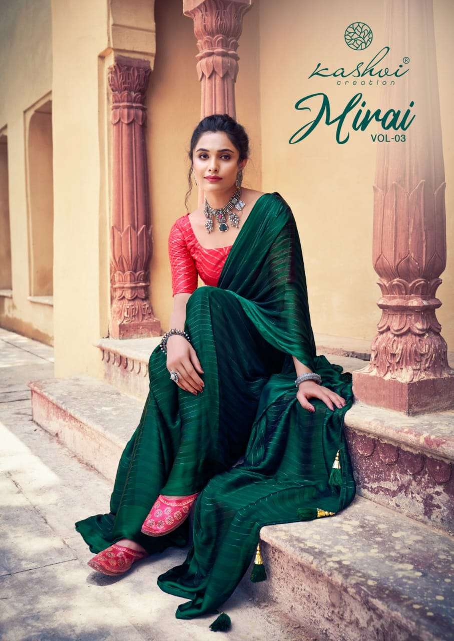 mirai vol 3 by kashvi creation soft satin fancy saree with designer blouse peice collection