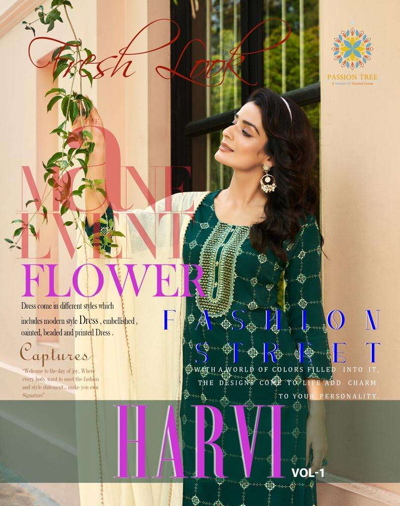 passion tree harvi vol 1 fancy straight kurti with pant and chinon dupatta catalog 