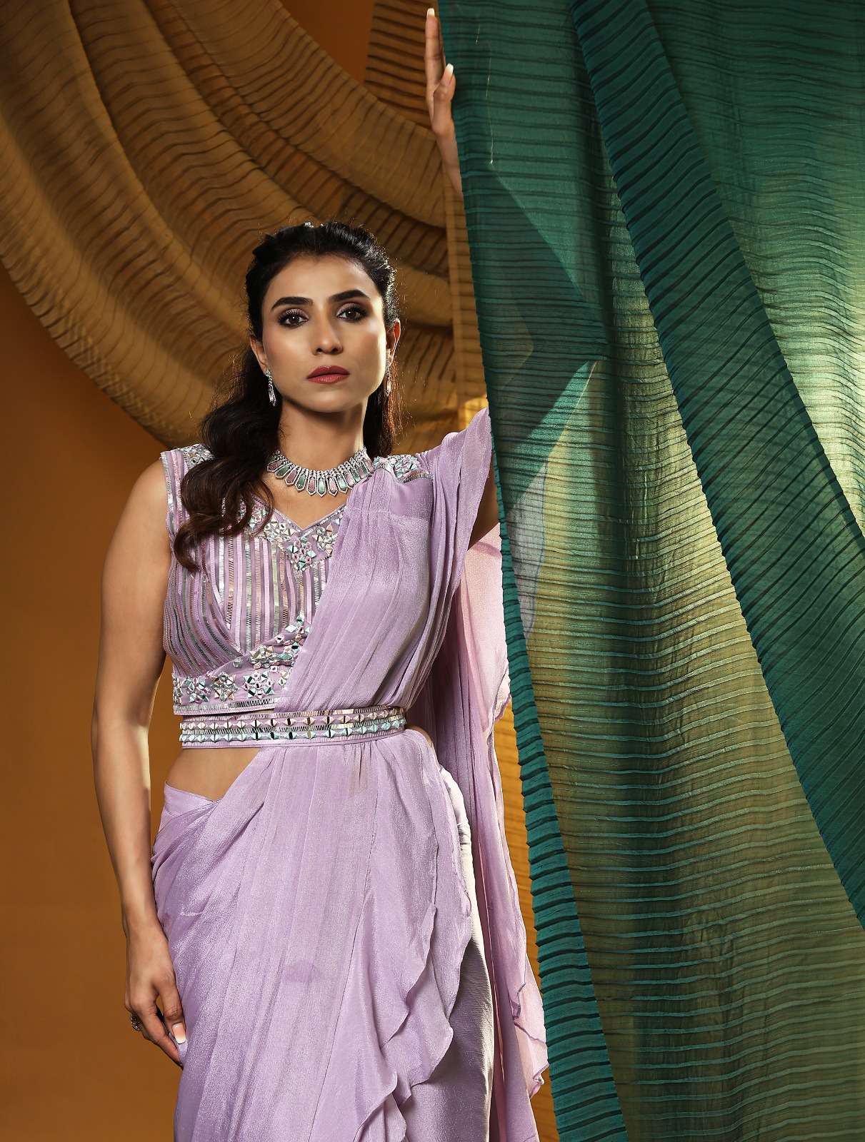pr 1016322 ready to wear fancy ruffle style pallu saree with cording work blouse and belt