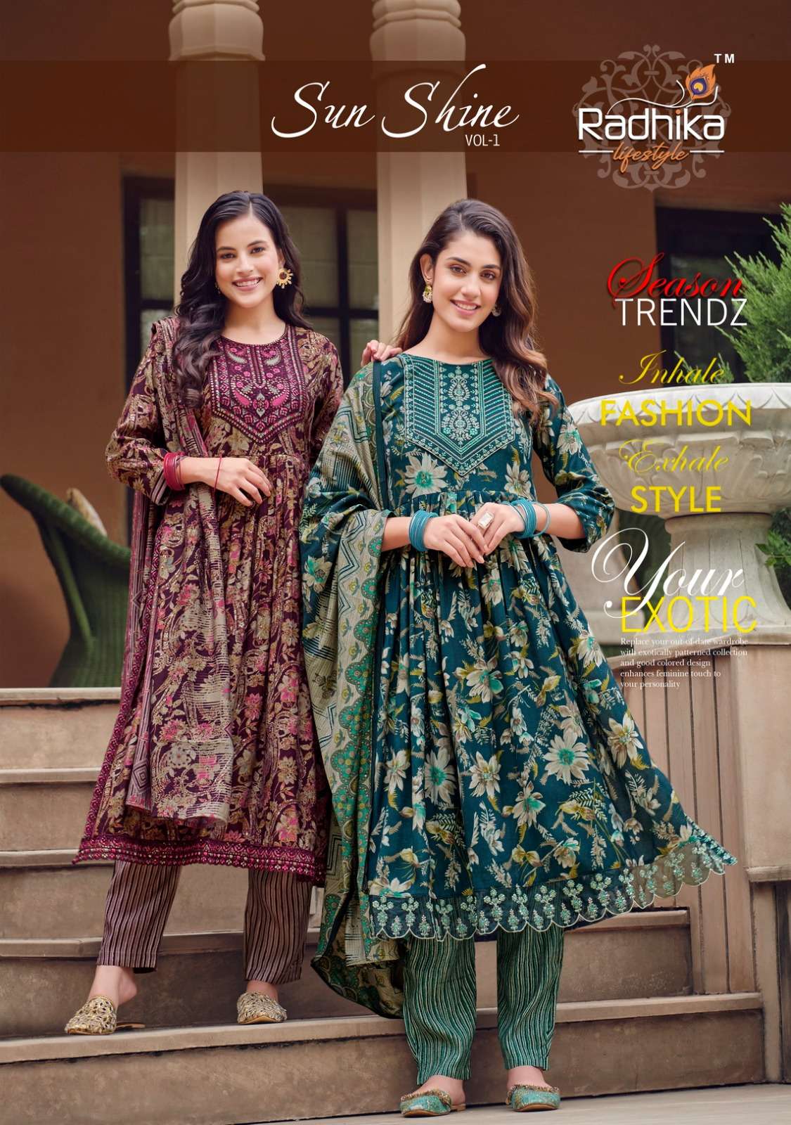 radhika lifestyle sun shine vol 1 fancy readymade nayra cut salwar kameez supplier