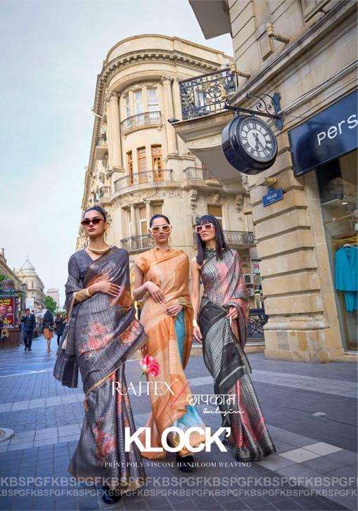 rajtex present klock 329001-329006 print poly viscose handloom weaving fancy saree collection