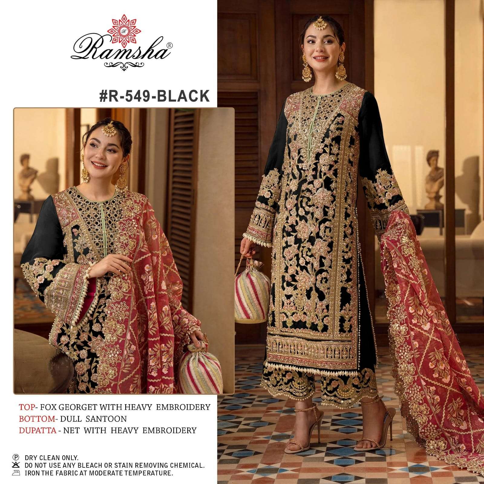ramsha 549 designer black & white heavy work pakistani salwar kameez material 