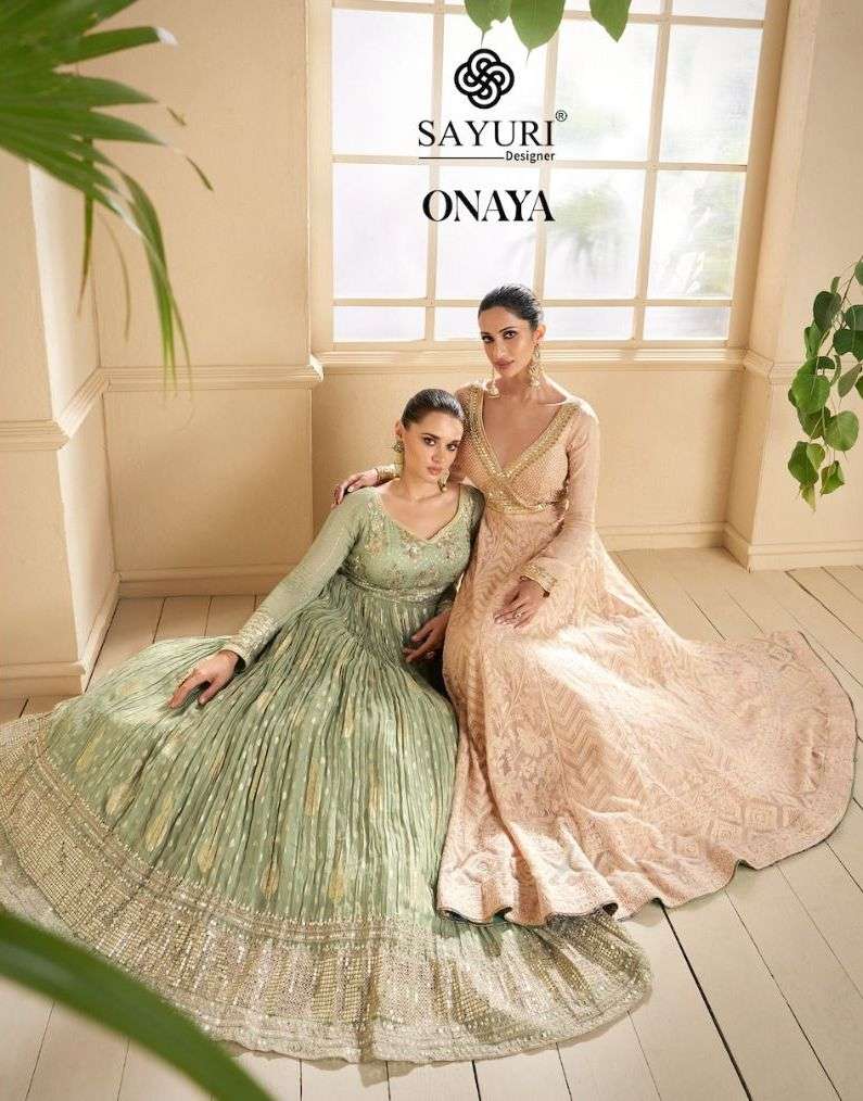 sayuri designer present onaya stitch long anarkali gown with dupatta catalog