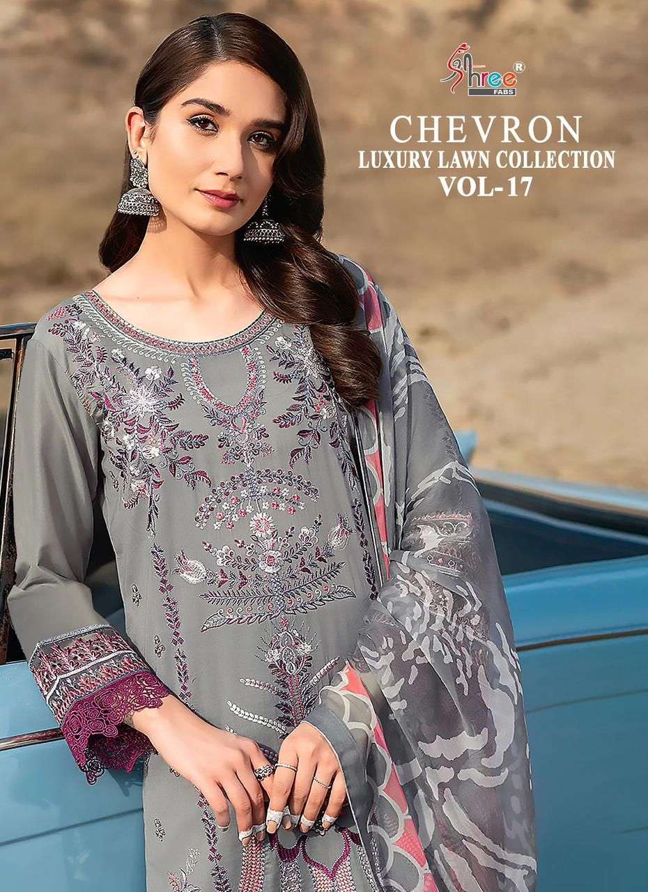 shree fabs chevron luxury lawn collection vol 17 amazing patch work pakistani suits wholesaler