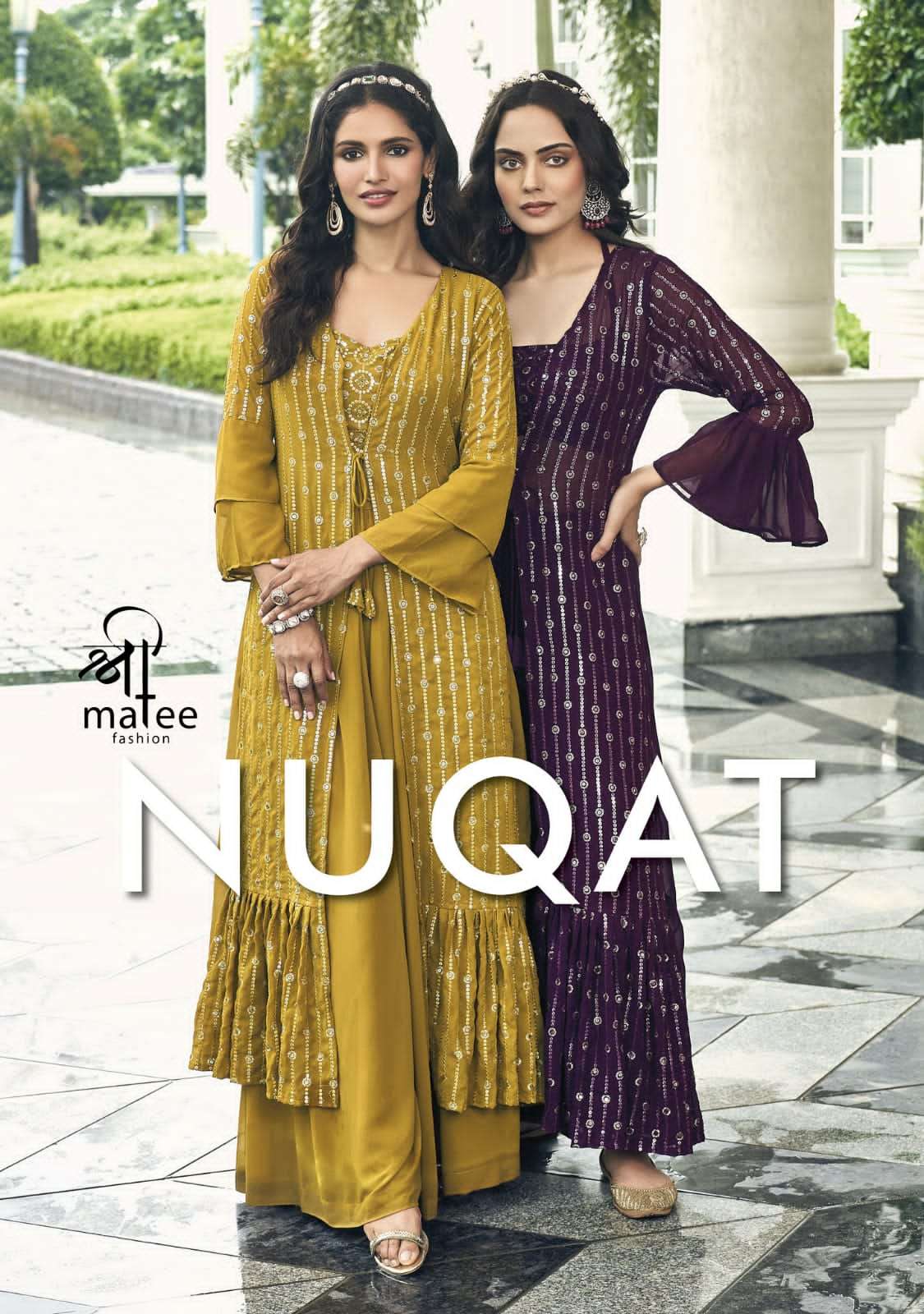 shreematee fashion present nuqat wedding season readymade plazzo with blouse and designer shrug catalog 