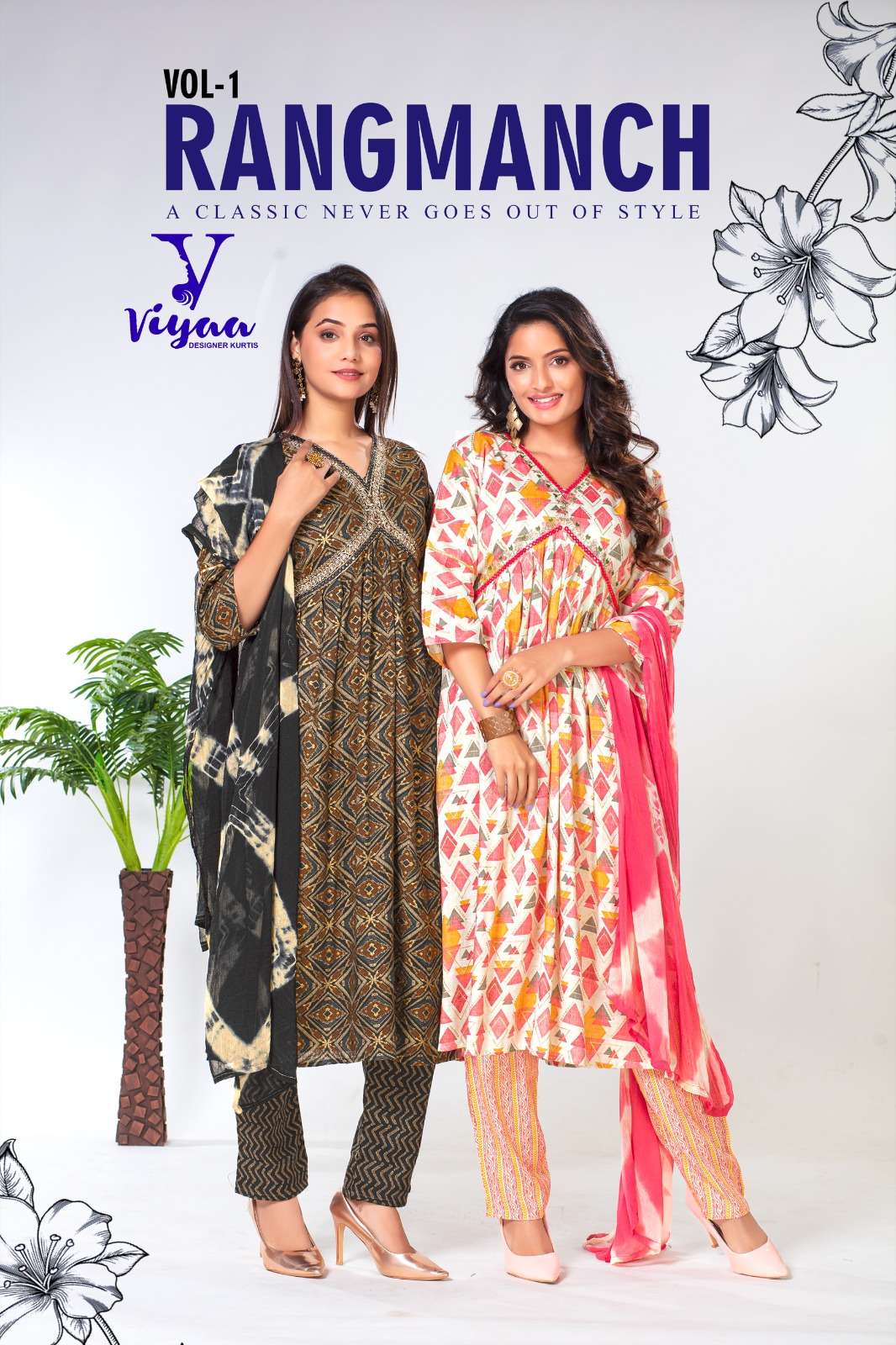 viyaa designer present rangmanch fancy alia cut kurti with pant and dupatta readymade 3pcs suits