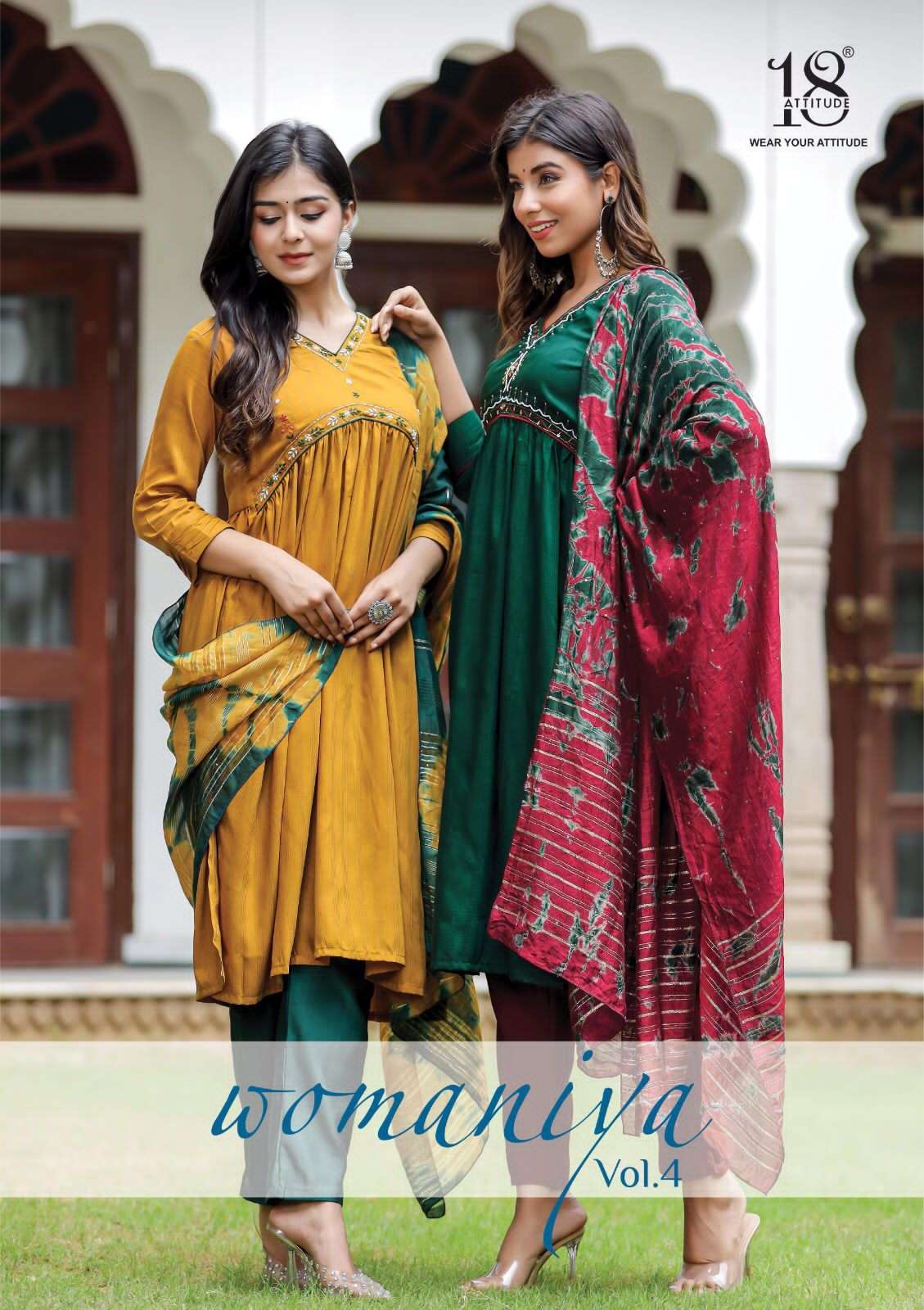 womaniya vol 4 by 18 attitude fancy alia cut kurti with pant and digital dupatta catalog