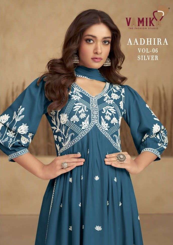 aadhira vol 6 silver by vamika designer work readymade nayra cut kurti with plazzo and dupatta catalog