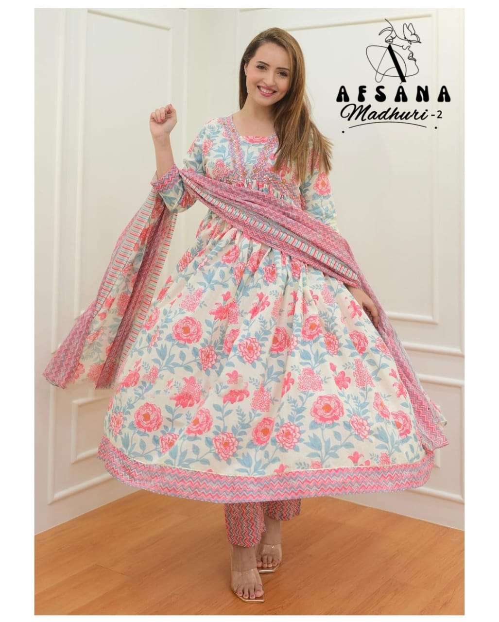 afsana present madhuri 2 readymade alia cut kurti bottom dupatta combo set