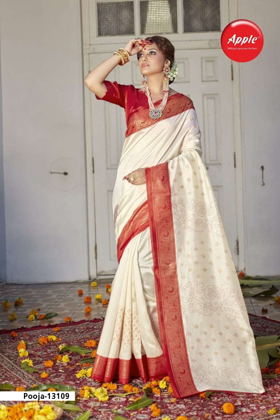 apple pooja special vol 13 red and cream color amazing sarees catalog