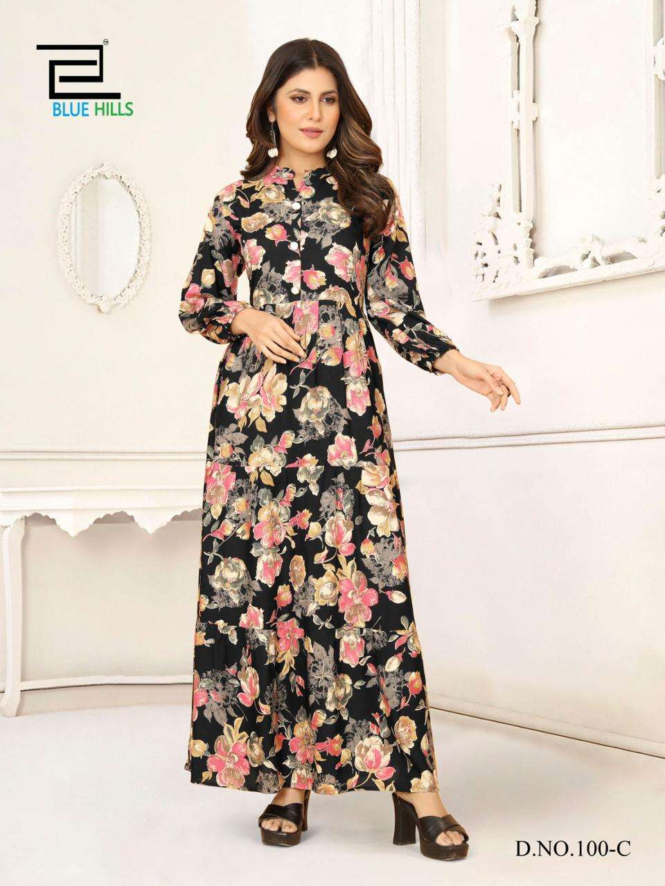 blue hills present ameesha fancy rayon flower print long gown