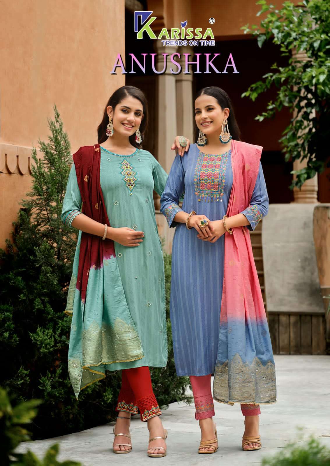karissa present anushka fancy work kurti with pant and muslin dupatta catalog