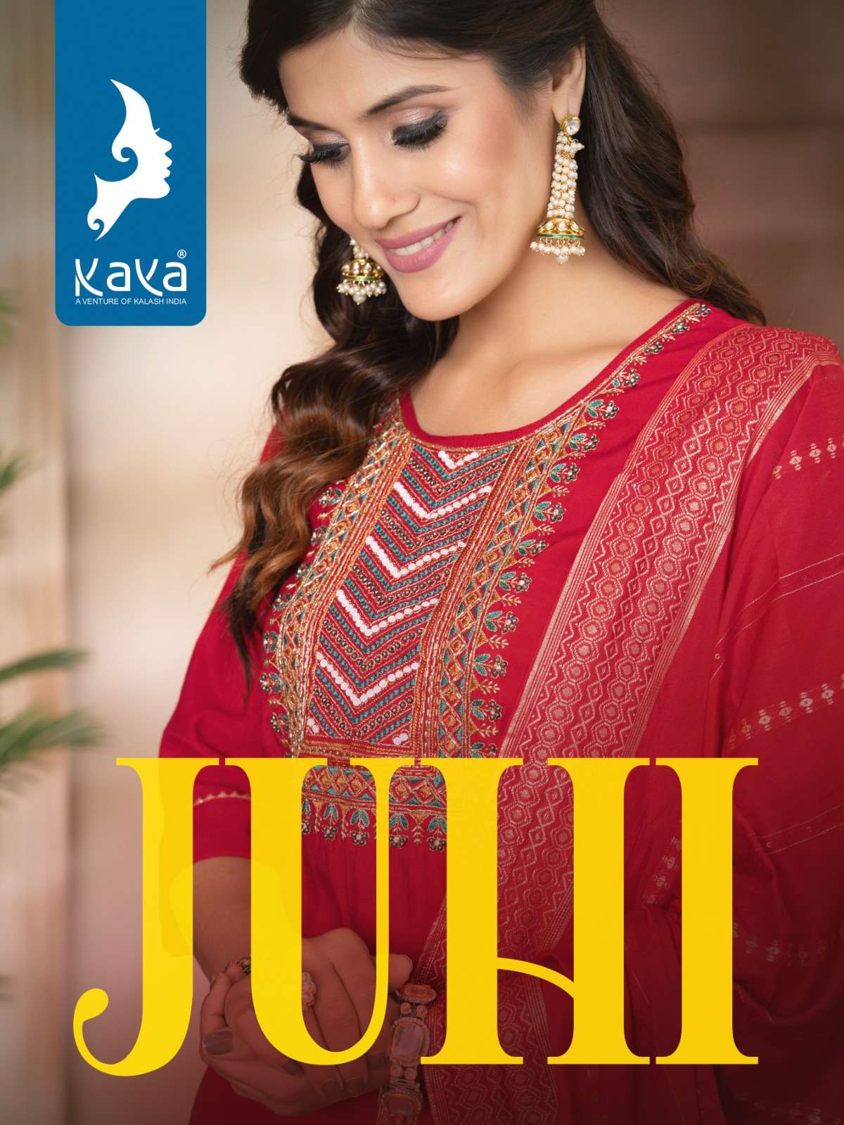 kaya present juhi fancy work straight kurti with pant and dupatta catalog