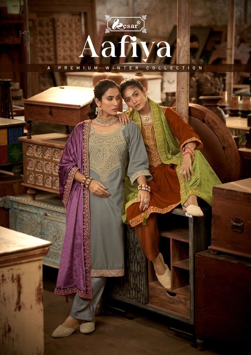 kesar present aafiya premium winter velvet pakistani suits collection