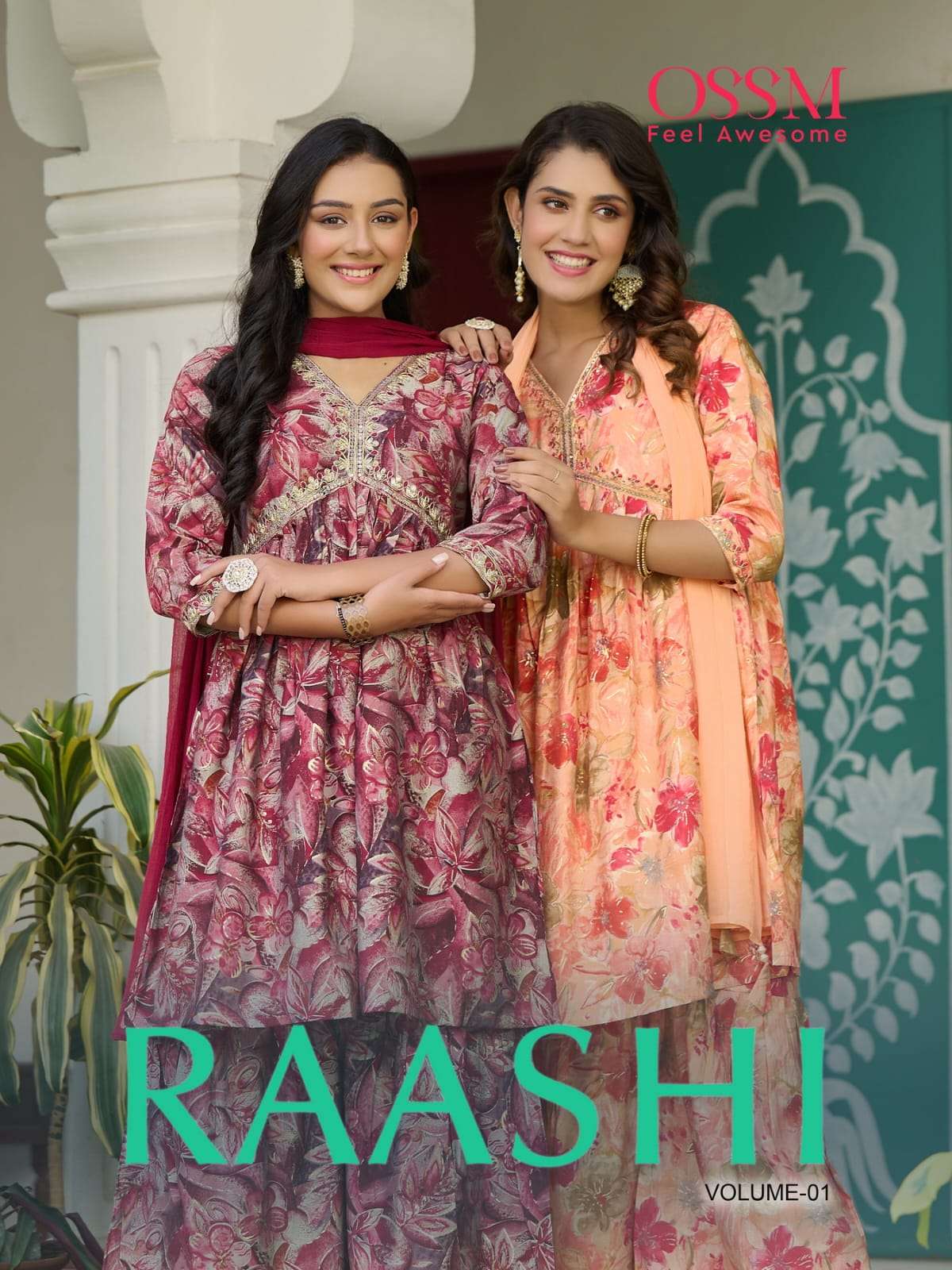 ossm present raashi readymade alia cut kurti with sharara and chinon dupatta catalog