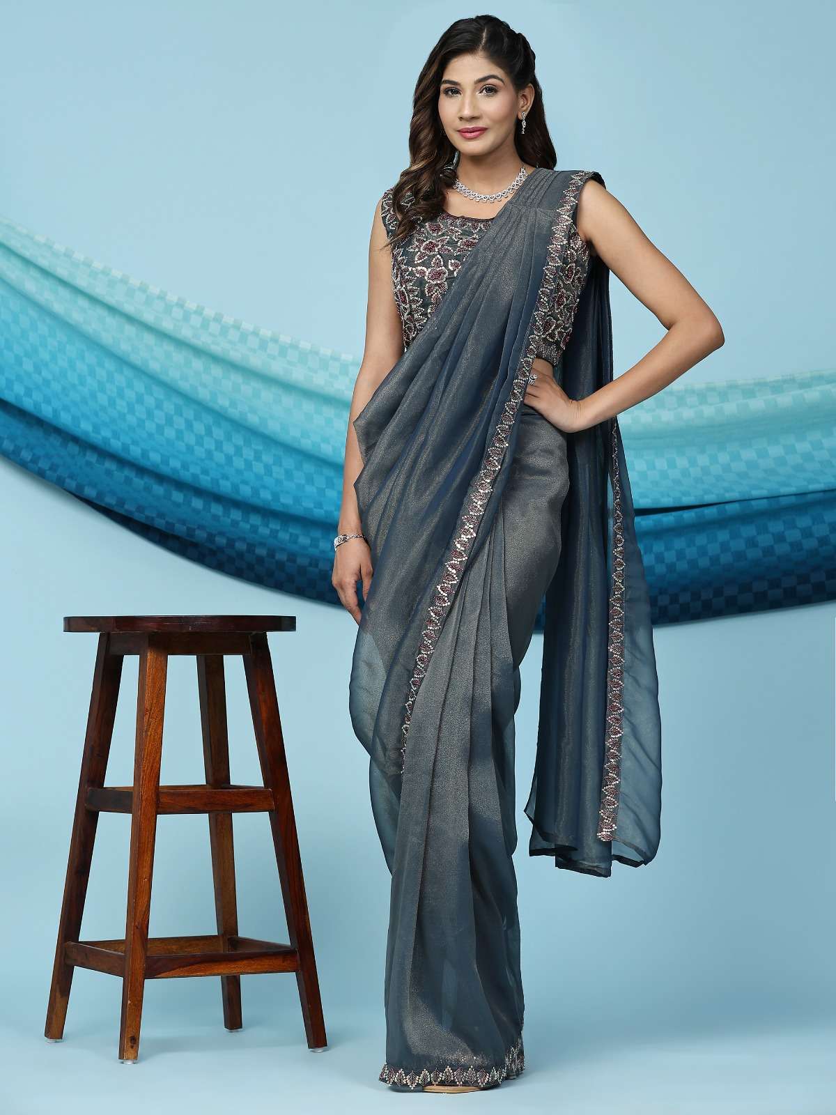 pr 250 party wear readymade fancy shimmer sarees with designer blouse