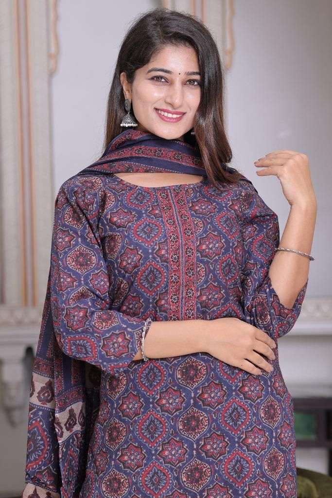 pr cotton block print 3 pcs set readymade cotton suit combo set