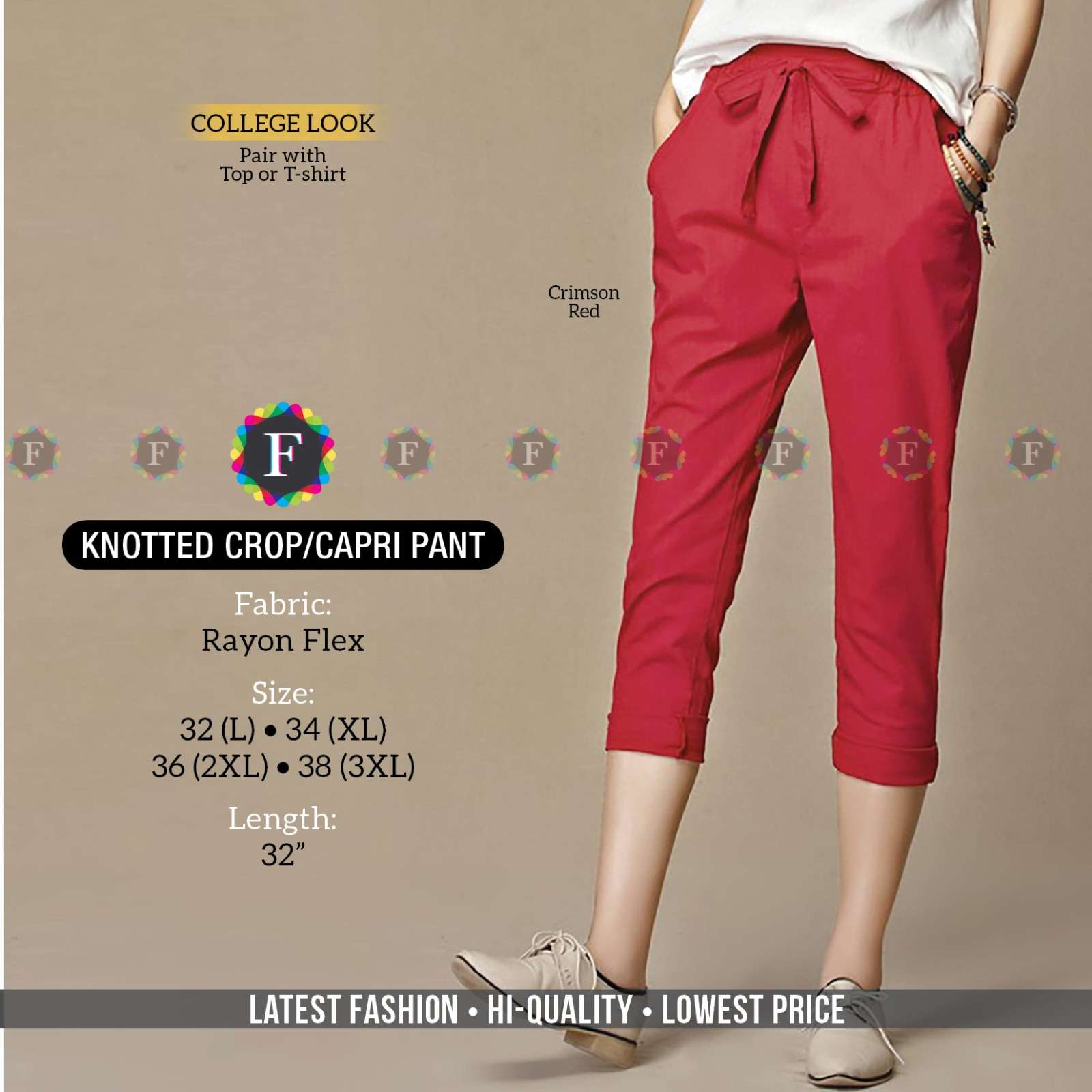 pr knotted crop rayon fancy casual wear capri pant