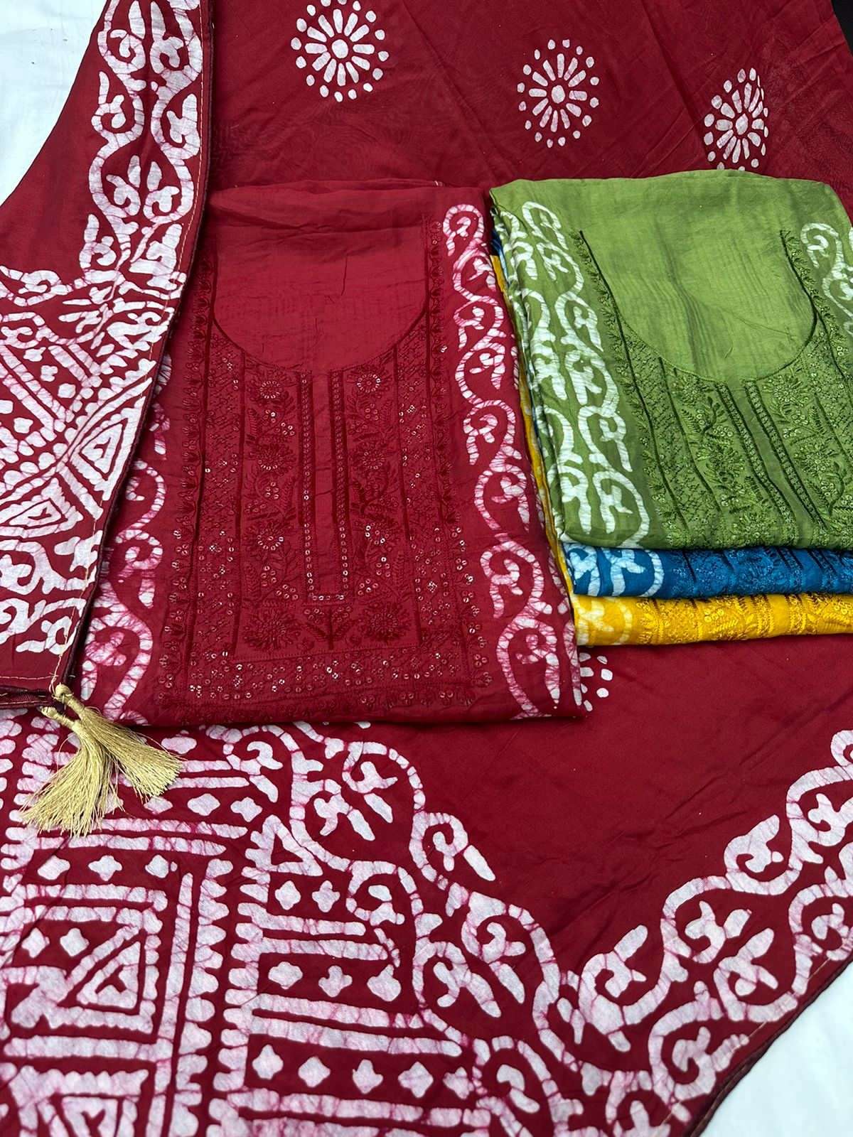 pr nazara fancy neck work baatik print salwar kameez material