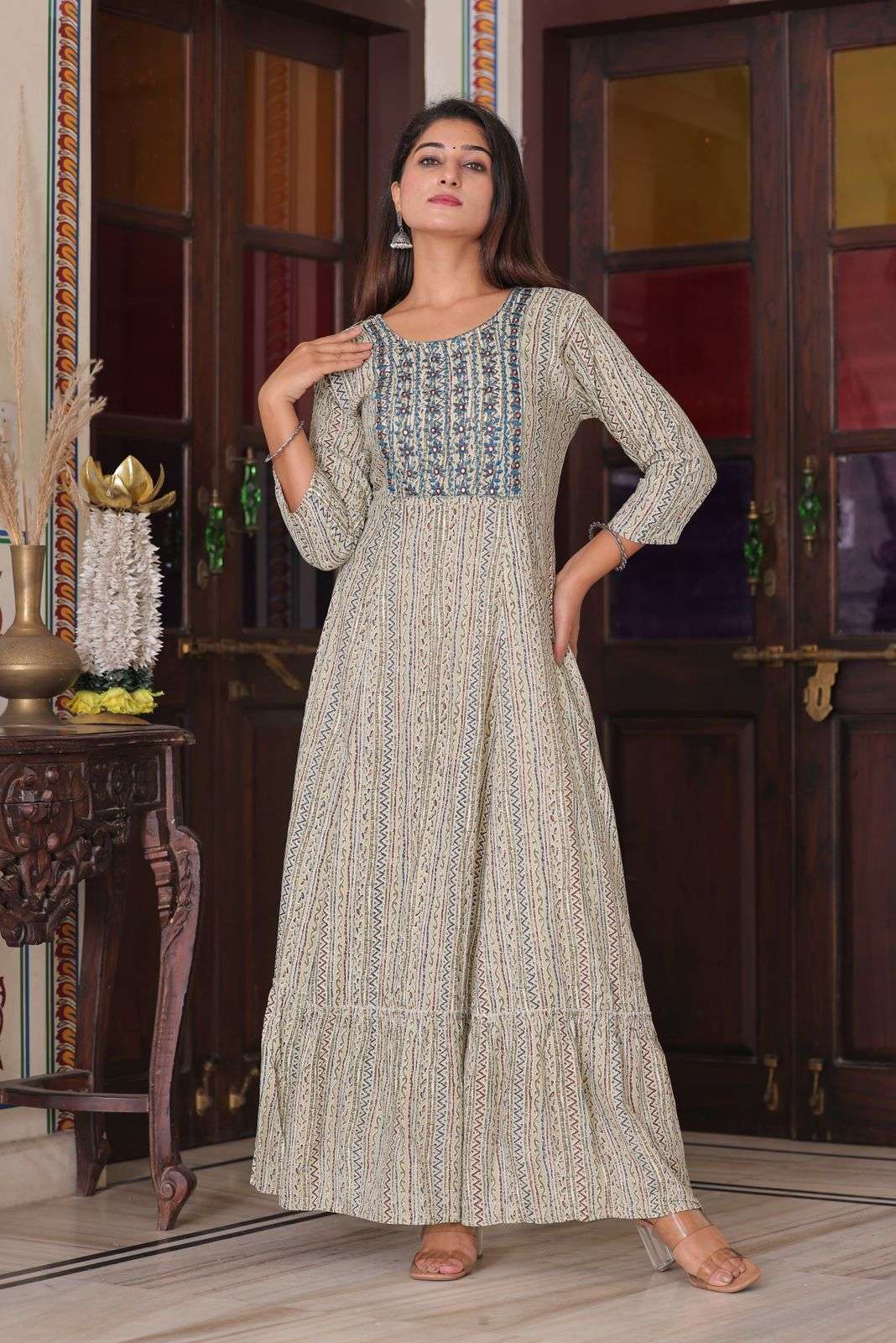 pr rayon long gown readymade printed flair long kurti combo 