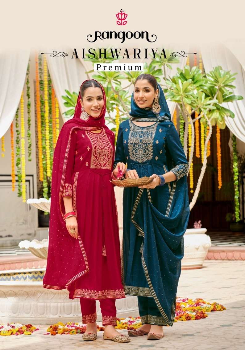 rangoon present aishwariya premium designer nayra cut kurti with pant and dupatta catalog