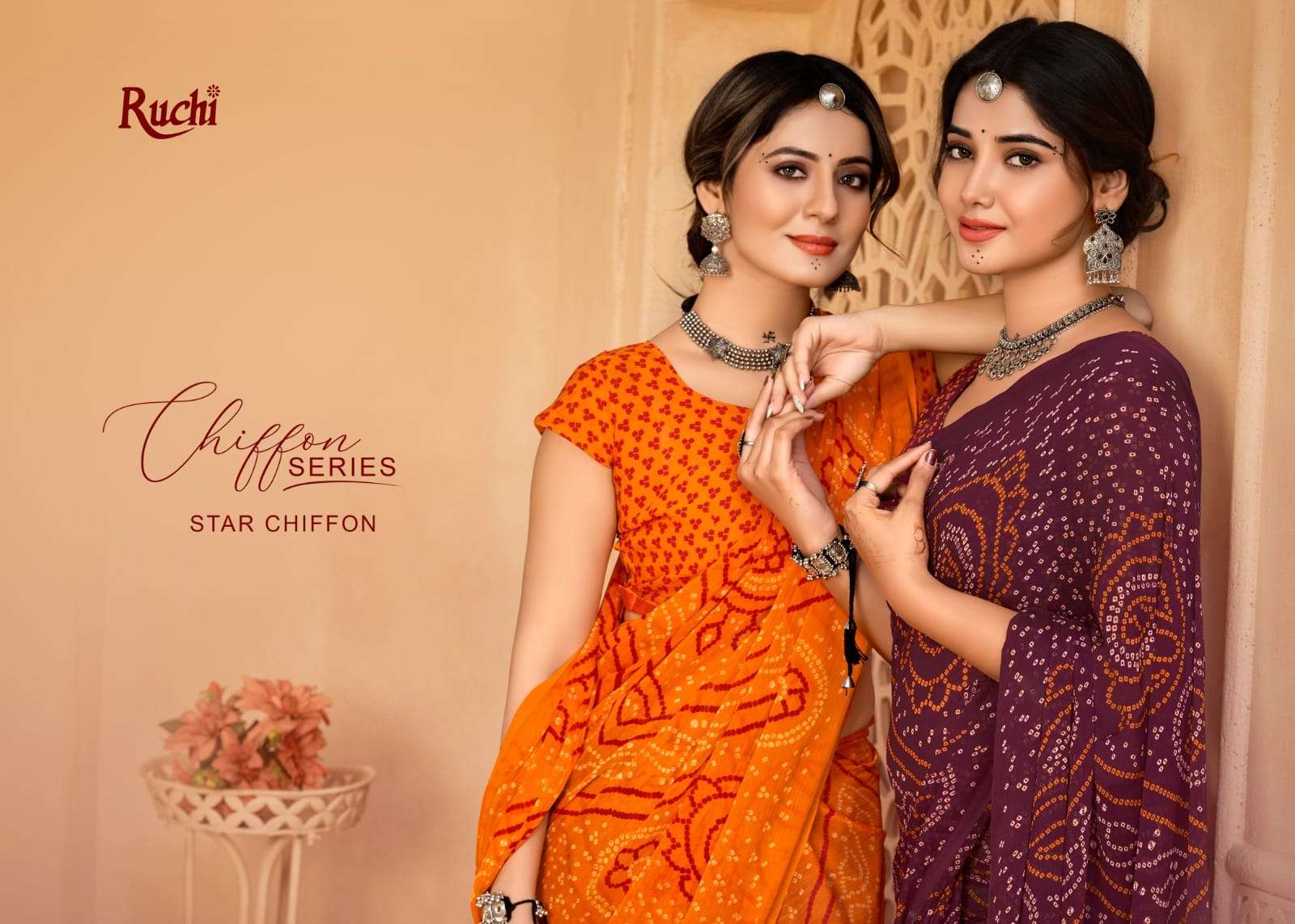 ruchi star chiffon vol 134 fancy bandhani print chiffon saree wholesaler