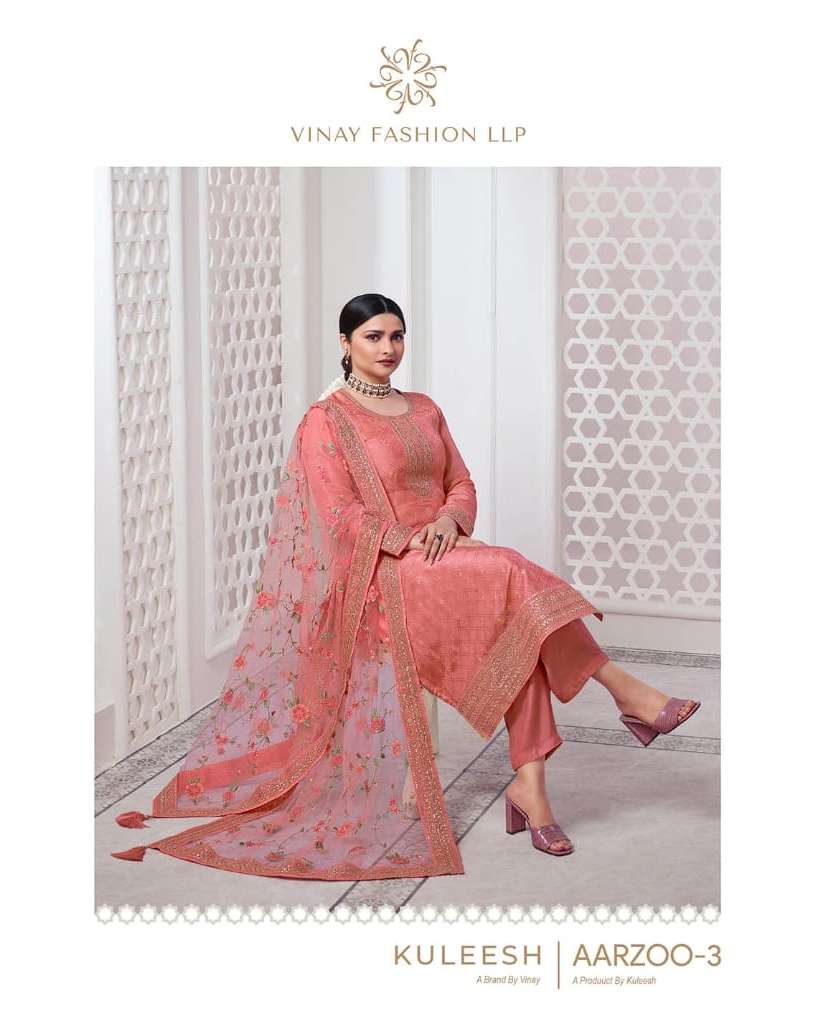 vinay fashion kuleesh aarzoo vol 3 designer dola jacquard unstitch salwar kameez with net dupatta
