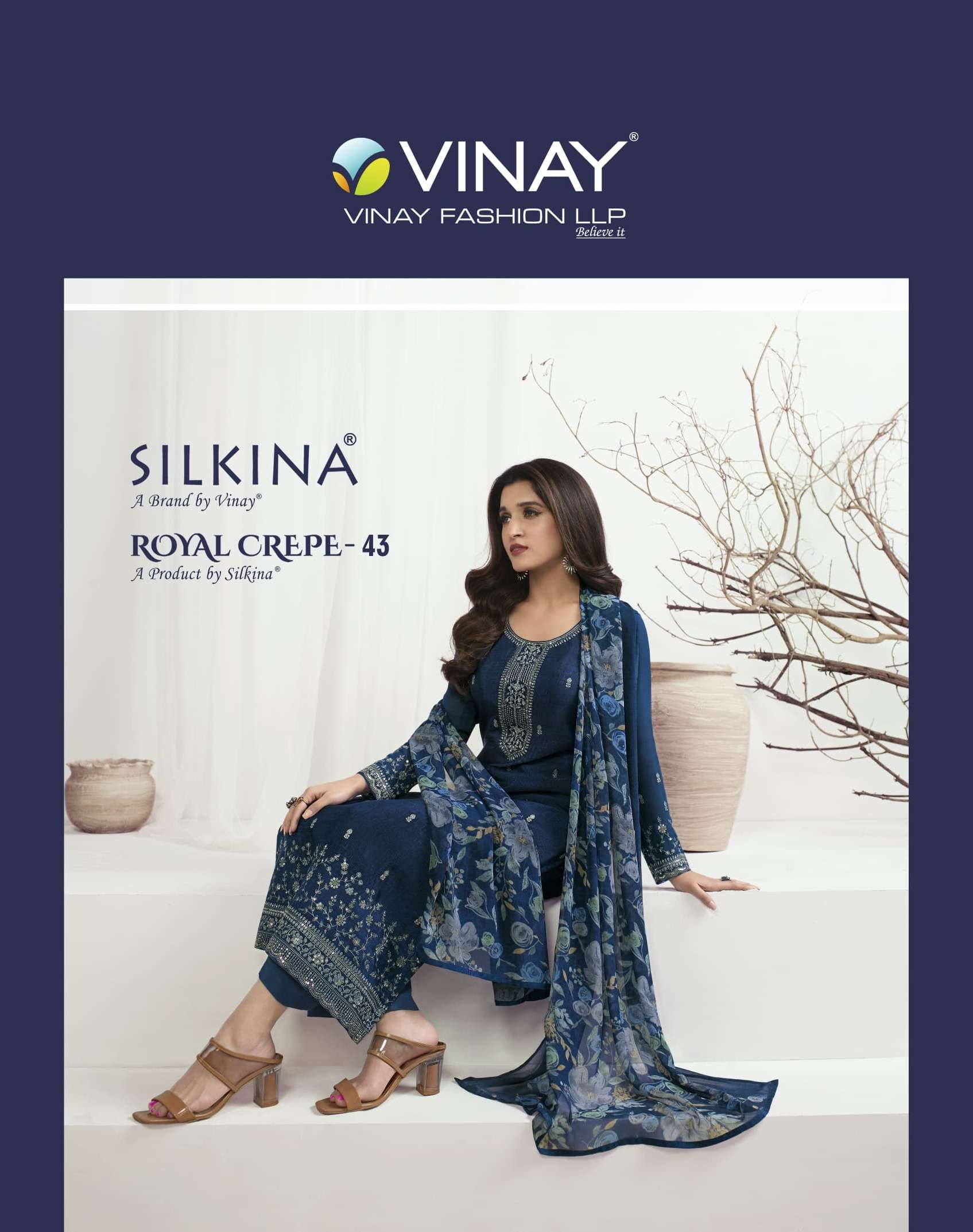 vinay fashion silkina royal crepe vol 43 designer work 3 peice dress material with digital dupatta