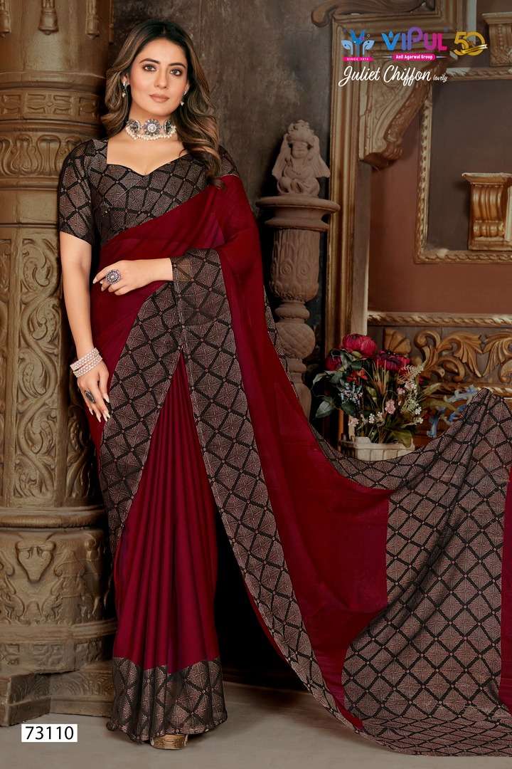 vipul fashion juliet chiffon lovely amazing fancy printed border sarees online wholesaler