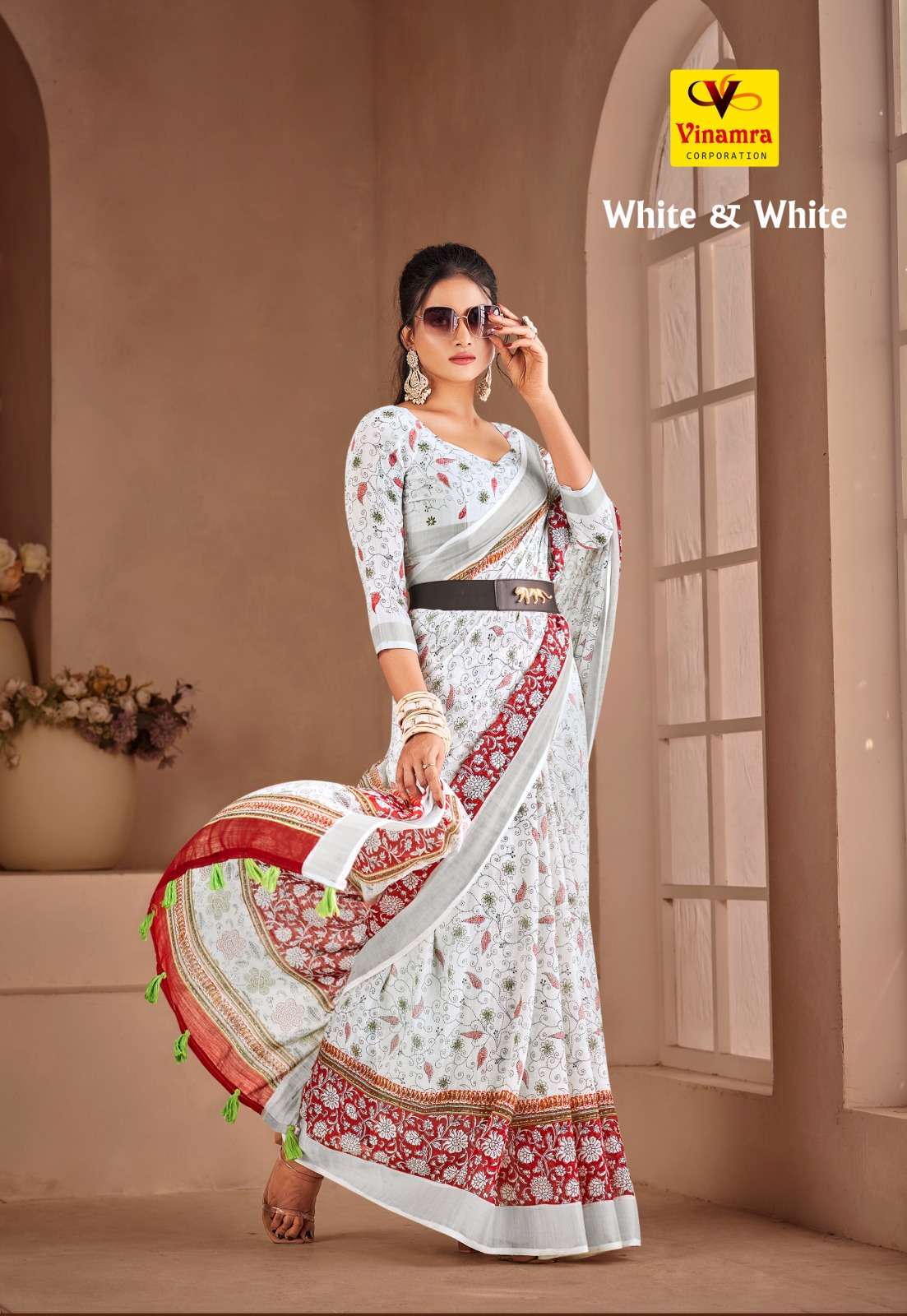 white & white vol 2 by vinamra fancy designs linen saree collection