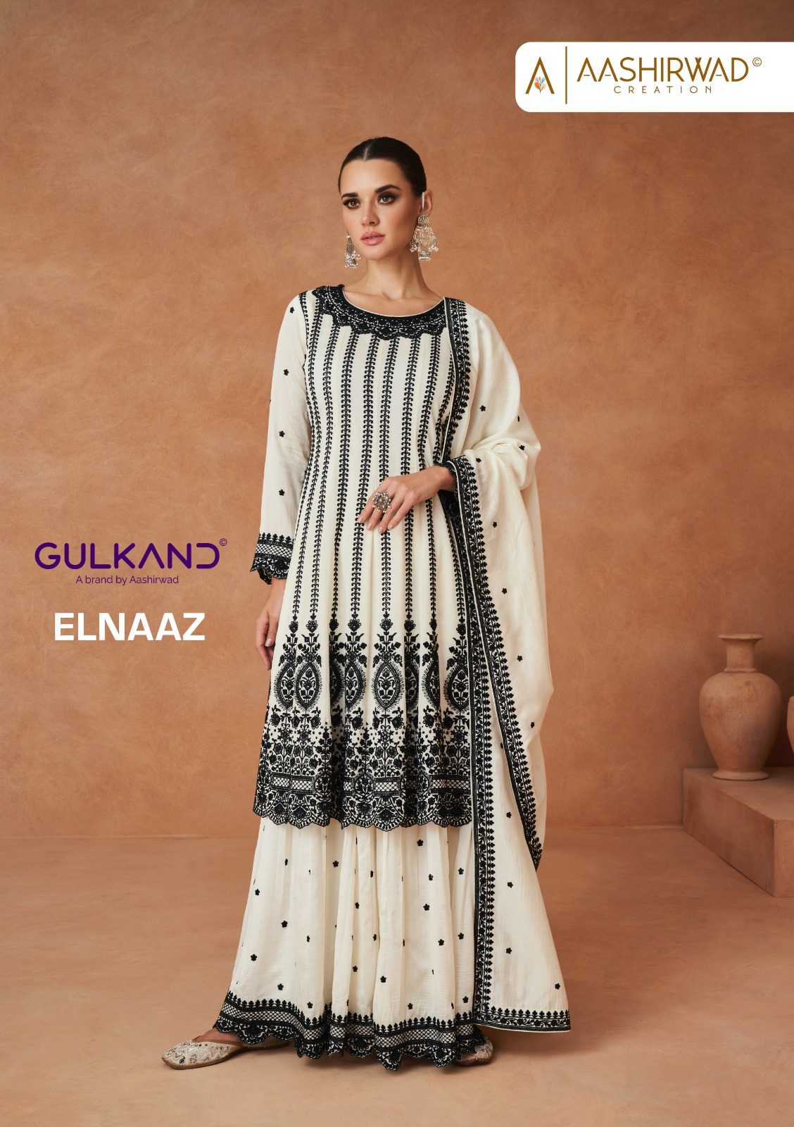 aashirwad creation gulkand elnaaz black & white designer readymade suit