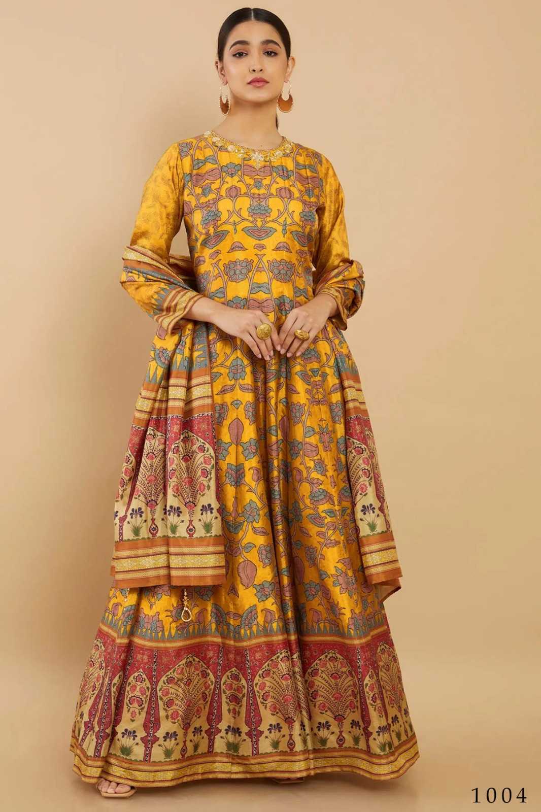 alfaaz present kalistha traditional digital print readymade gown and dupatta collection
