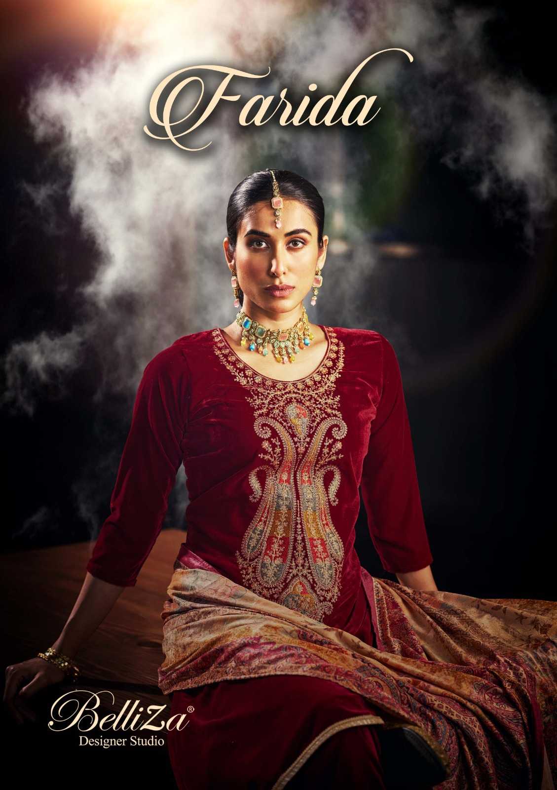 belliza designer farida winter wear exclusive velvet collection dress material