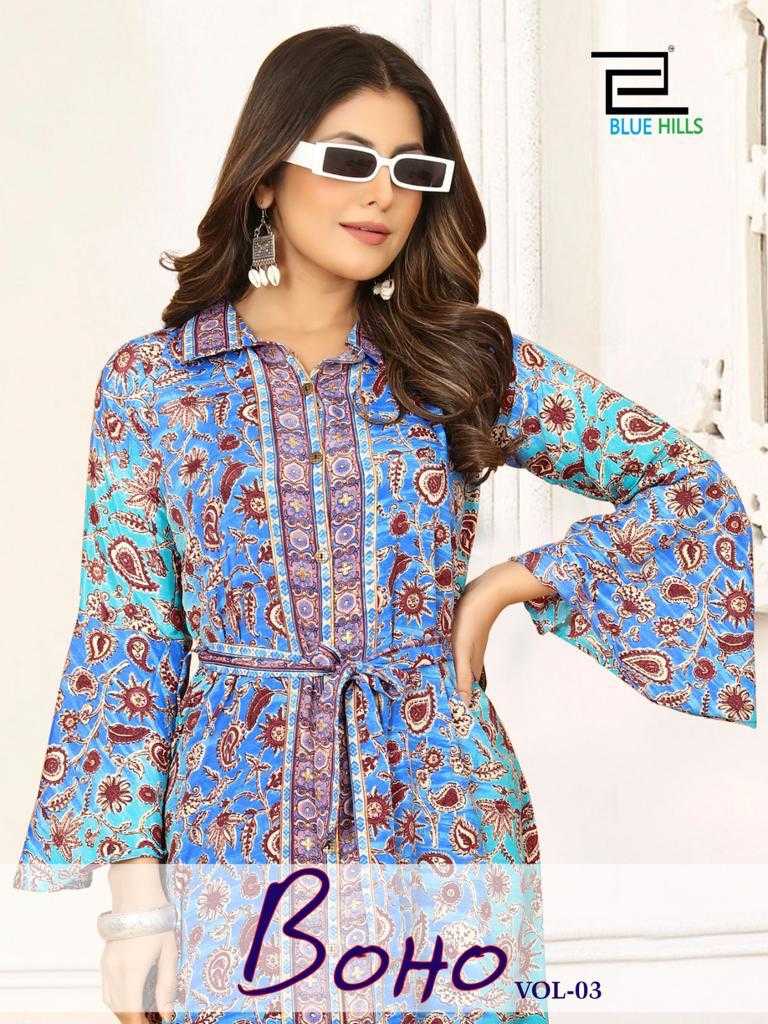boho vol 3 by blue hills fancy front open long stitch kurtis