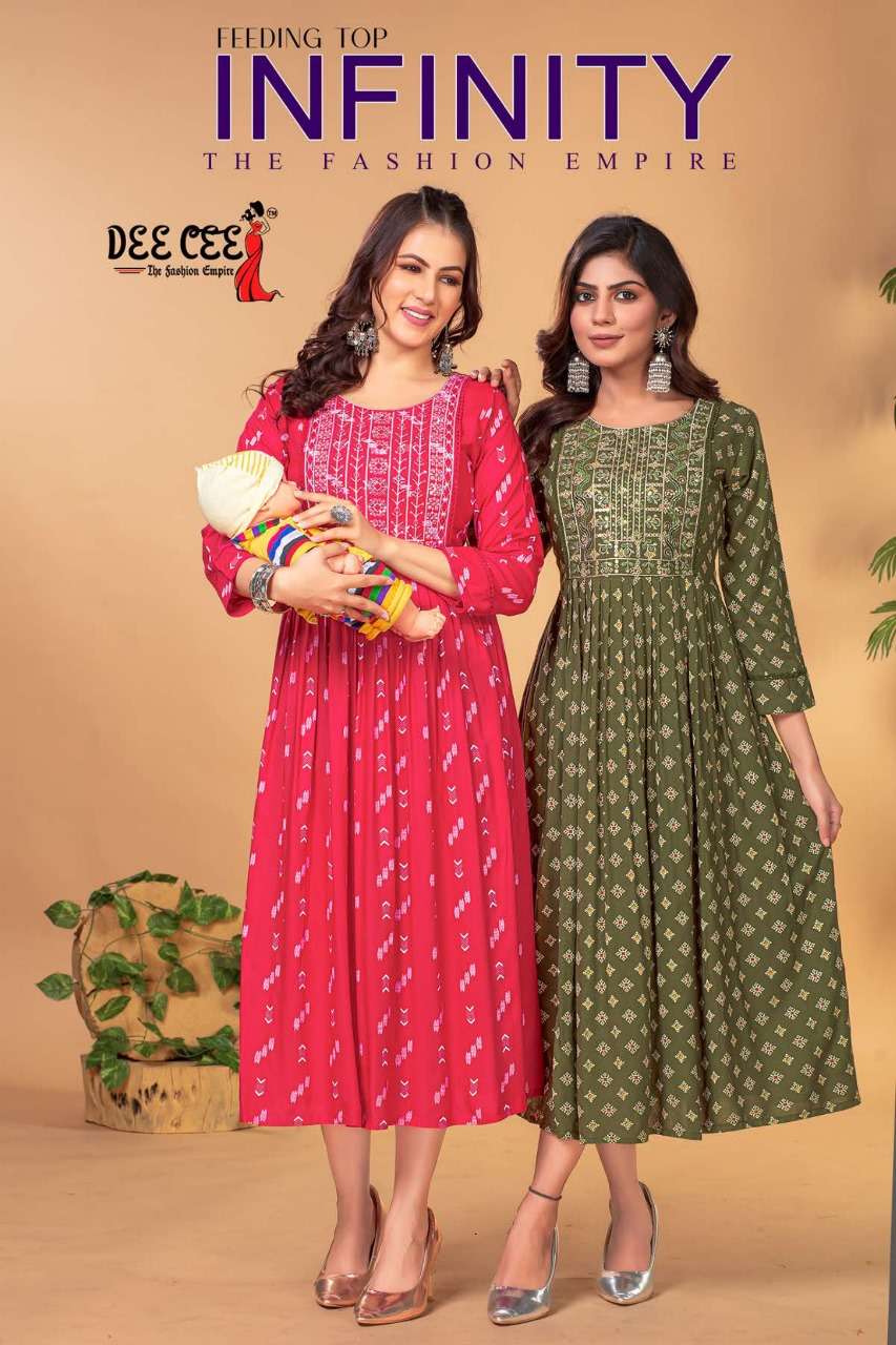 infinity by dee cee new pattern flair long feeding kurti readymade collection