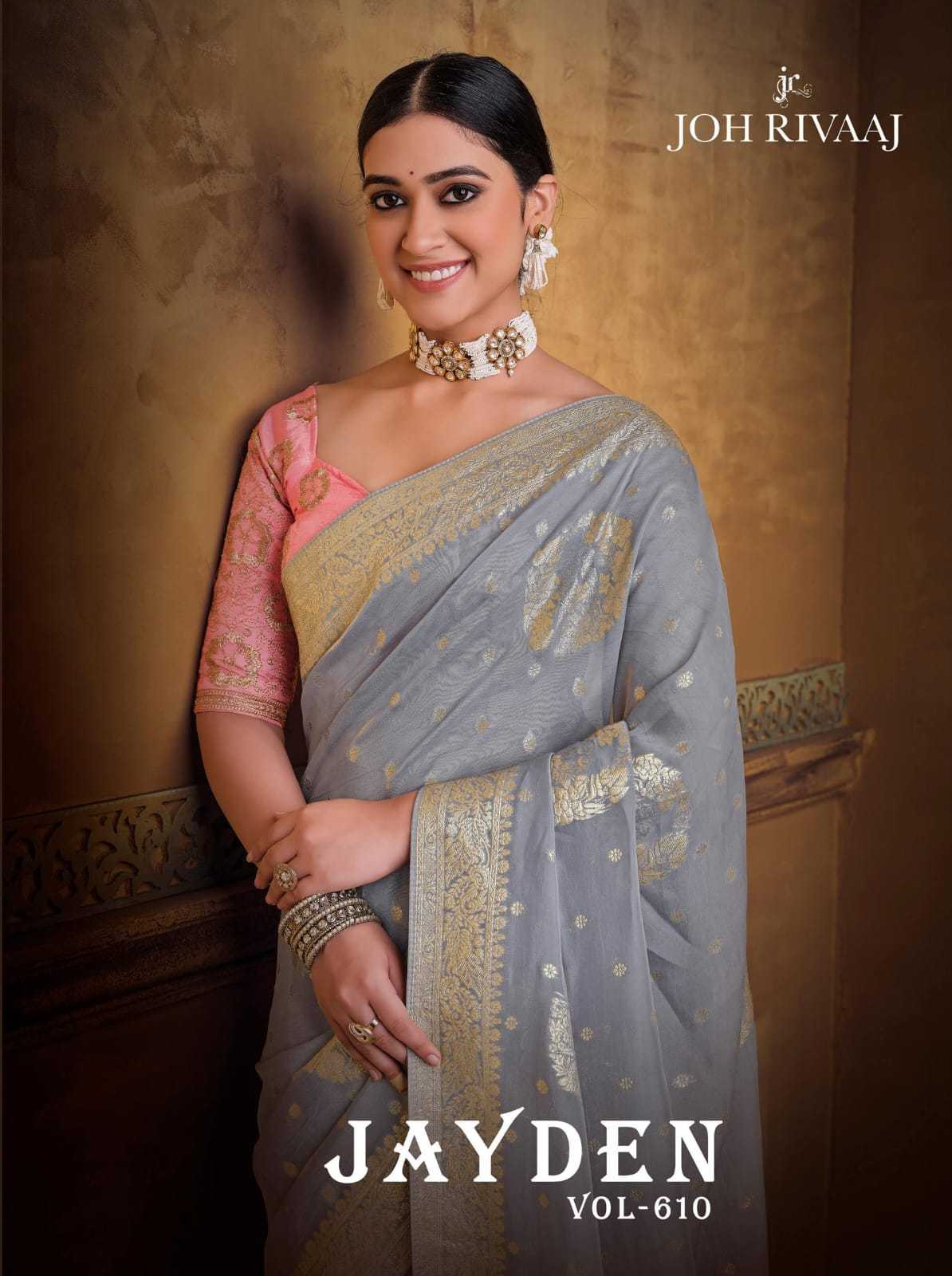 joh rivaaj jayden vol 610 beautiful party wear dola silk designer saree wholesaler