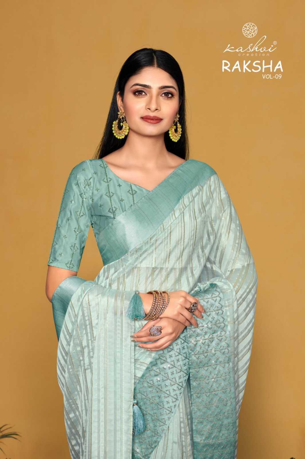 kashvi creation launch raksha vol 9 designer organza sarees for function wear