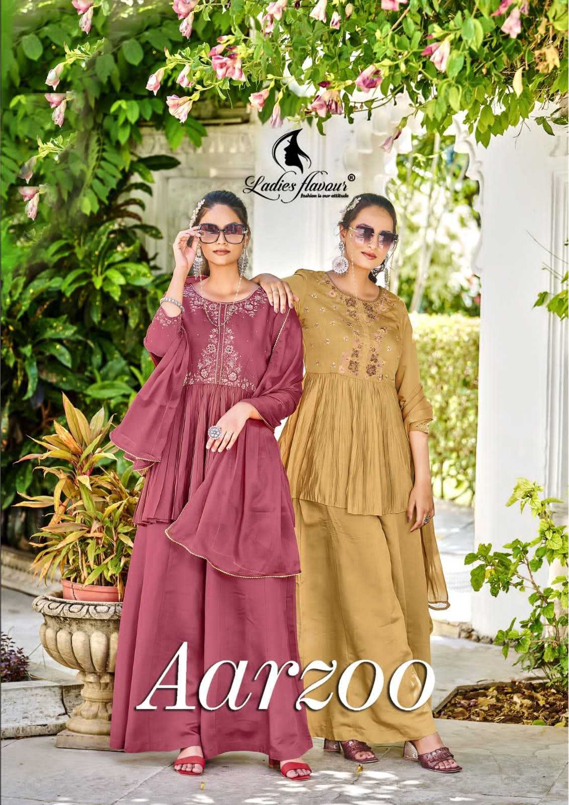 ladies flavour aarzoo party wear designer fullstitch plazo kurti dupatta set