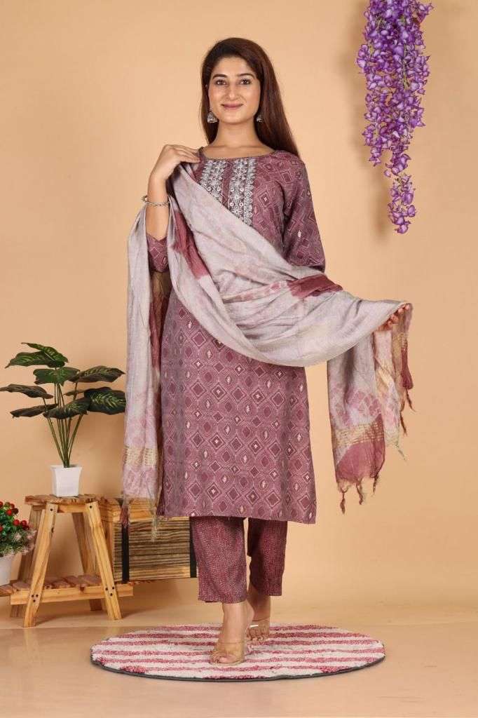 pr chanderi kurta set readymade muslin modal work  3 pcs combo set catalog