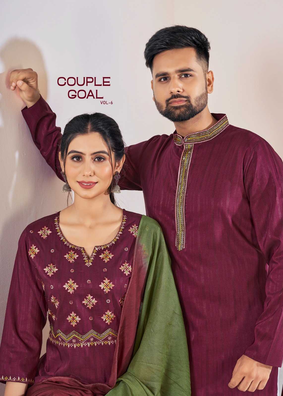 pr couple goal vol 6 kurta with payjama and kurti with pant and dupatta for couple combo set