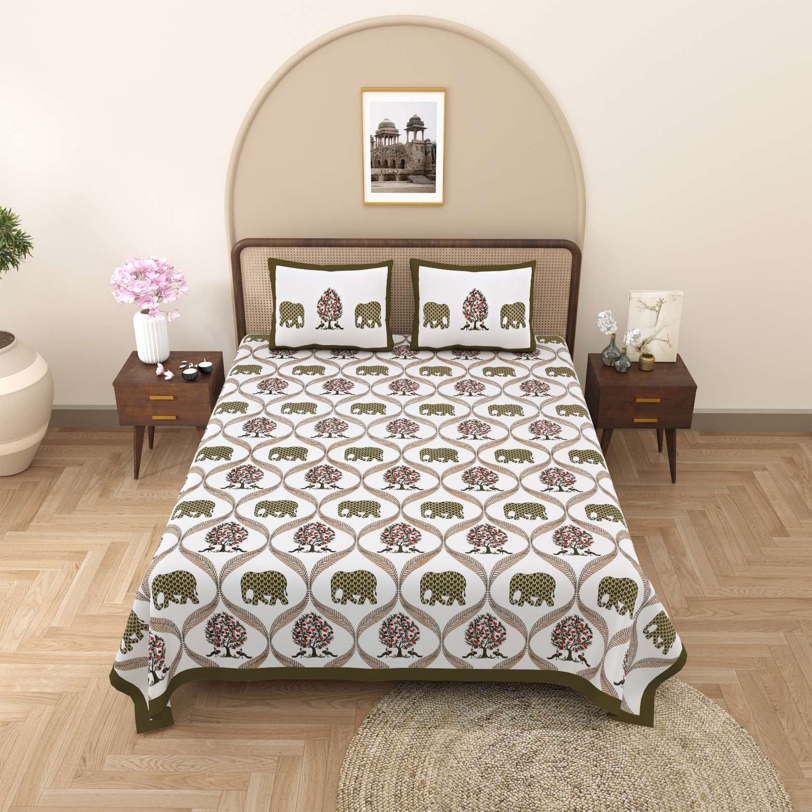 pr gulmohar cotton hand block design king size bedsheet with pillow cover