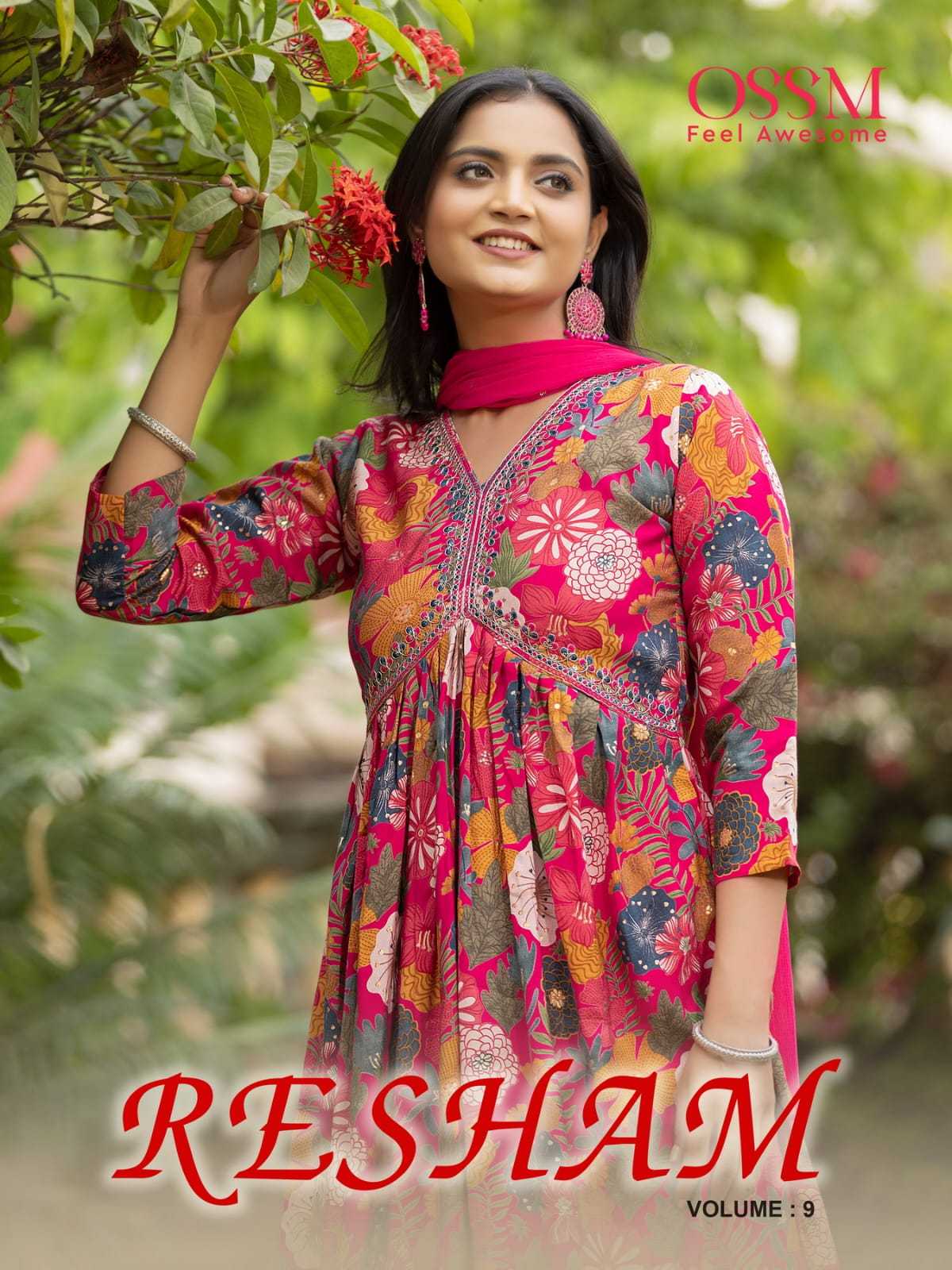 resham vol 9 by ossm festive wear fancy alia cut kurti with pant and dupatta catalog