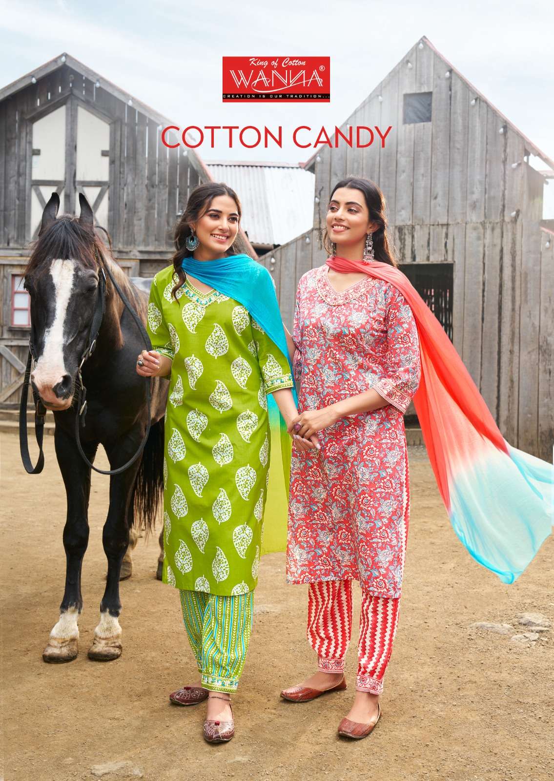 wanna present cotton candy 3 pcs afghani pant kurti and dupatta stitch collection