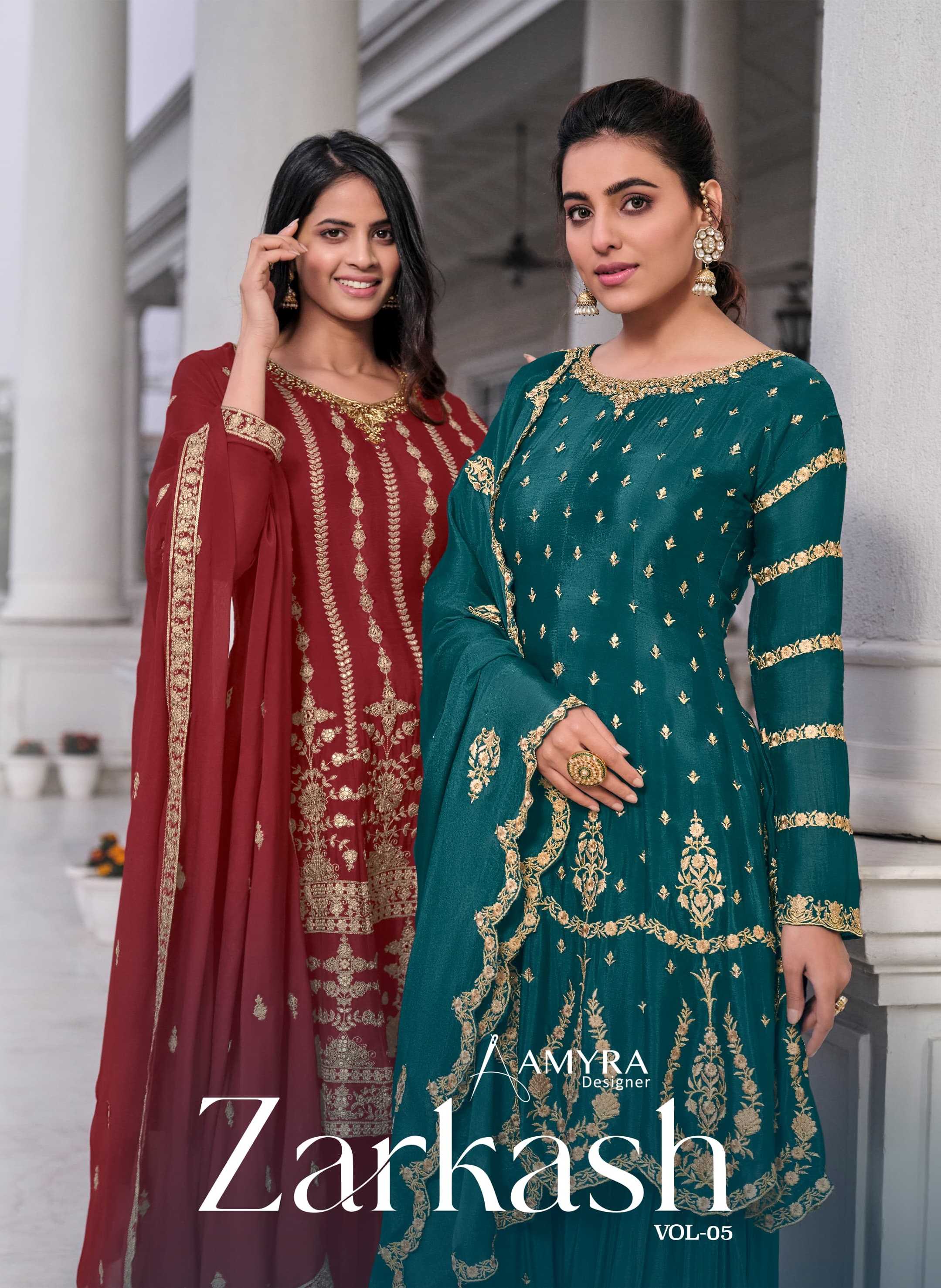 zarkash vol 5 by amyra designer wedding wear readymade sharara kurti dupatta 3 pcs set supplier