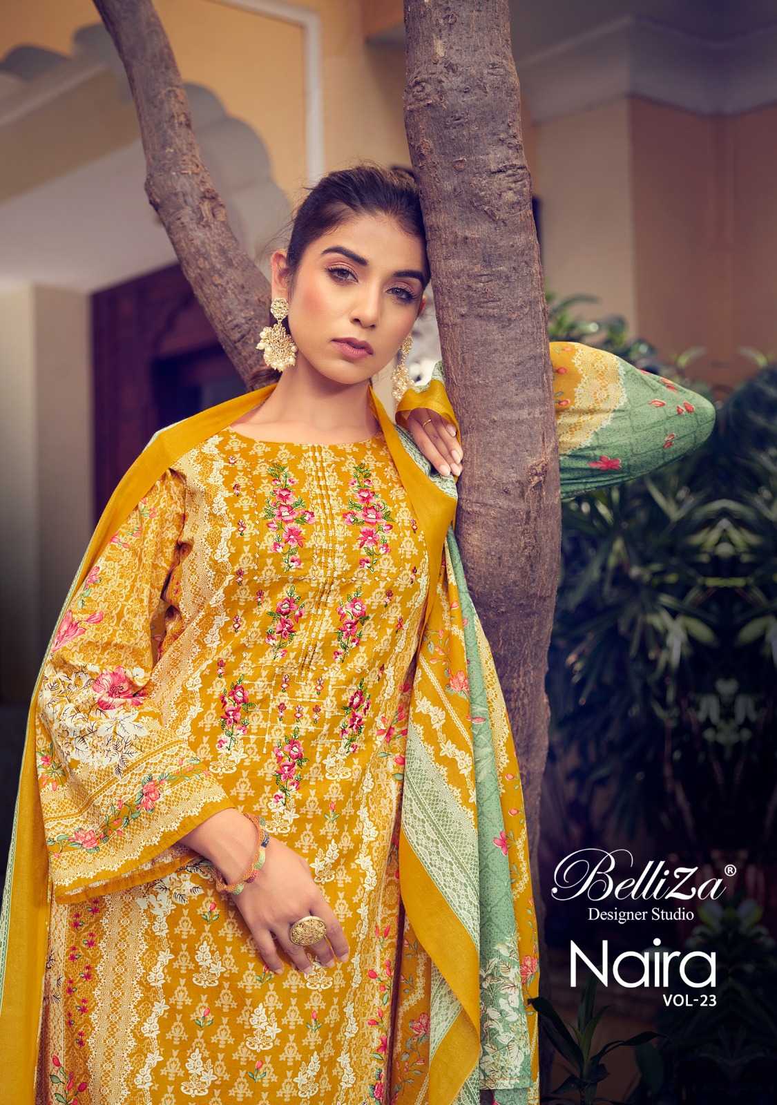 belliza designer naira vol 23 cotton printed unstitch salwar kameez with mul mul dupatta